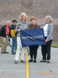 Barbara Taylor, Lynn Komroff Pearle, Sally Taylor - balancing perfectly at the Equator on a Smith Trip to the Galapagos