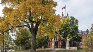 Smith College, entrance, Grecourt Gate, College Hall, clocktower, fall, panoramic